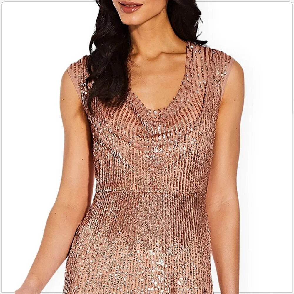 Adrianna Papell Rose Gold Cowl Neck Beaded Sequin Column Gown Dress NWT New 4